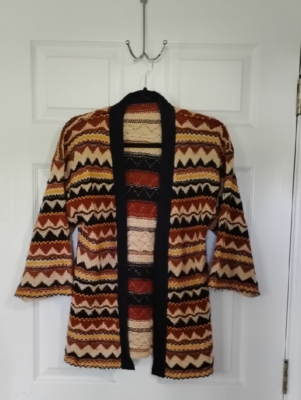 Boho Zigzag Open Cardigan in Rust, Cream & Black